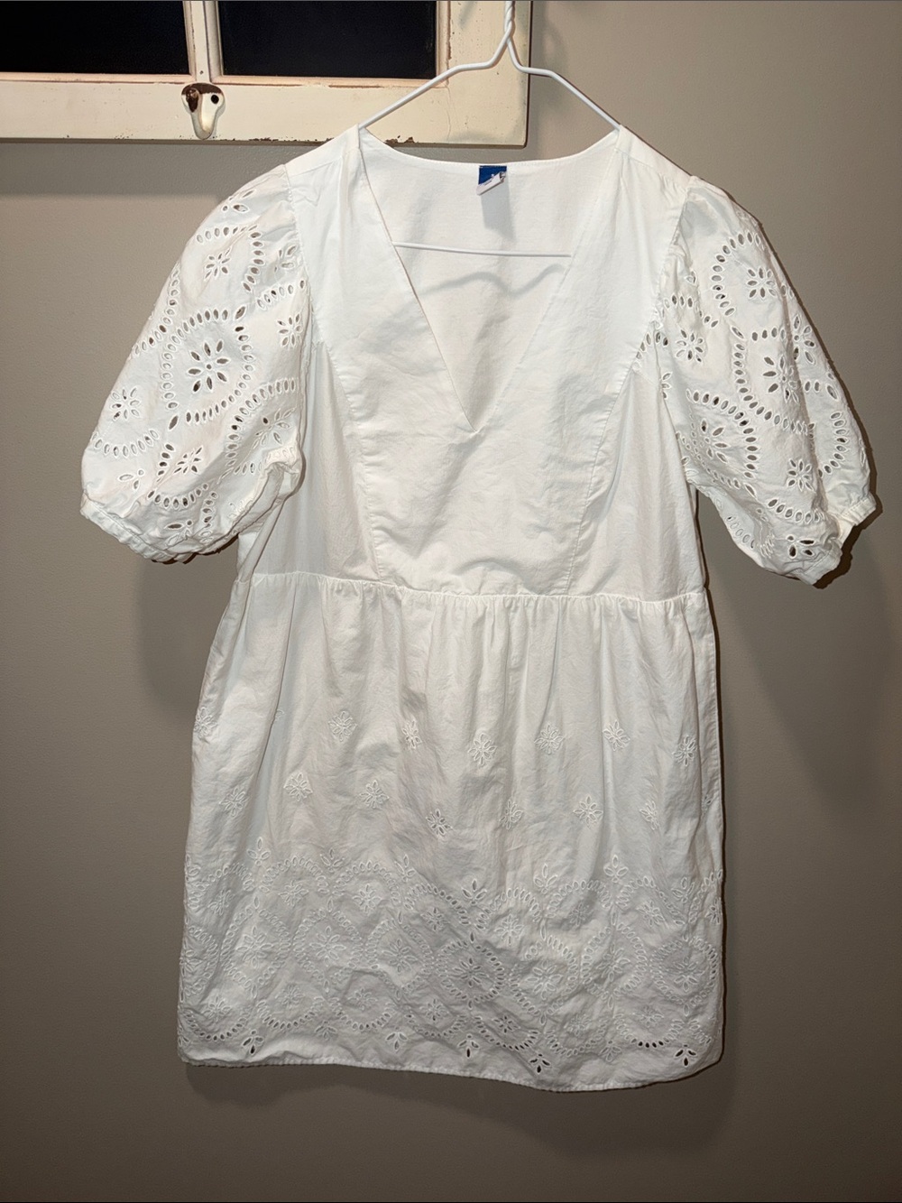 White Eyelet Embroidered Puff Sleeve Mini Dress Babydoll V Neck